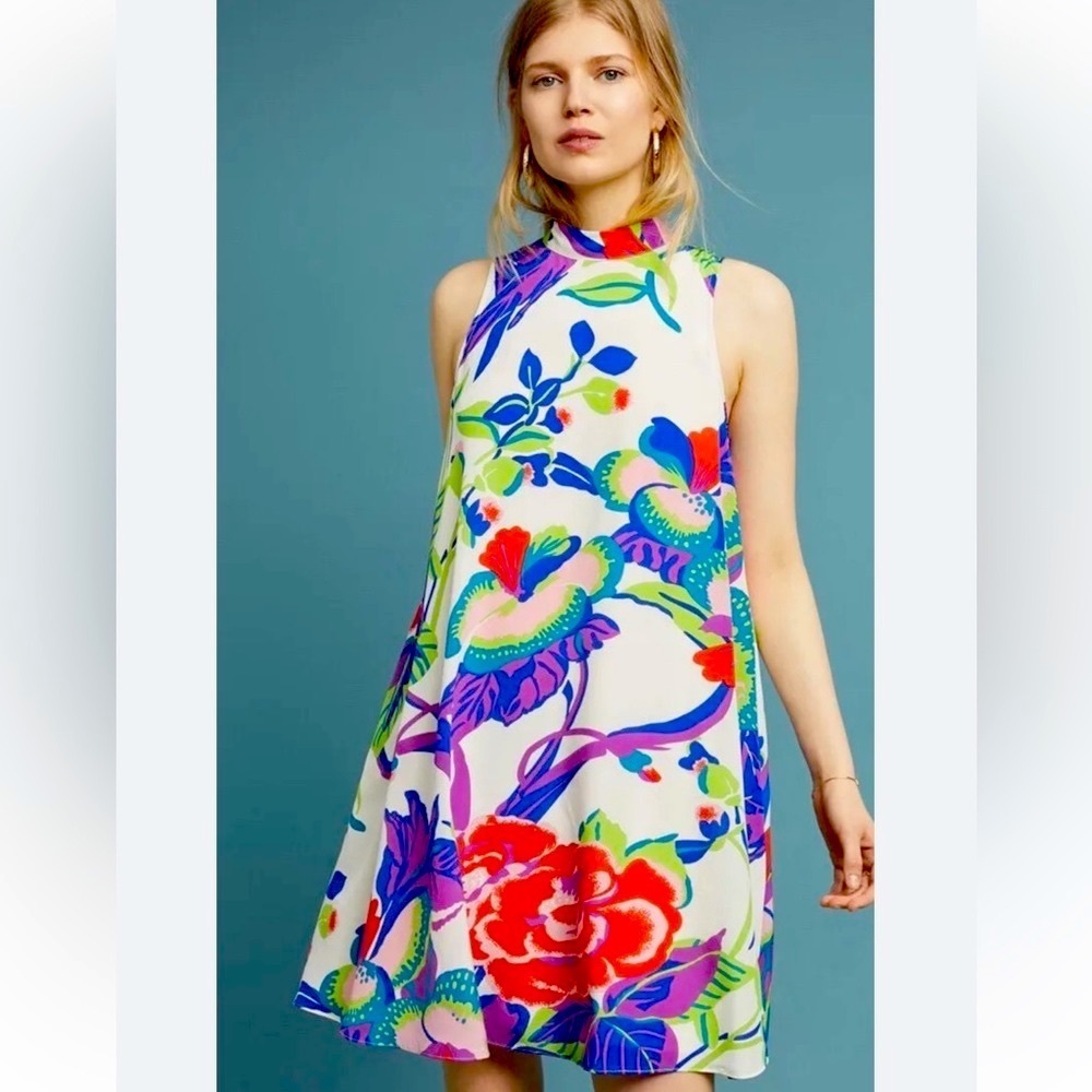 Maeve by anthropologie ria silk swing dress floral rose mock neck size 0